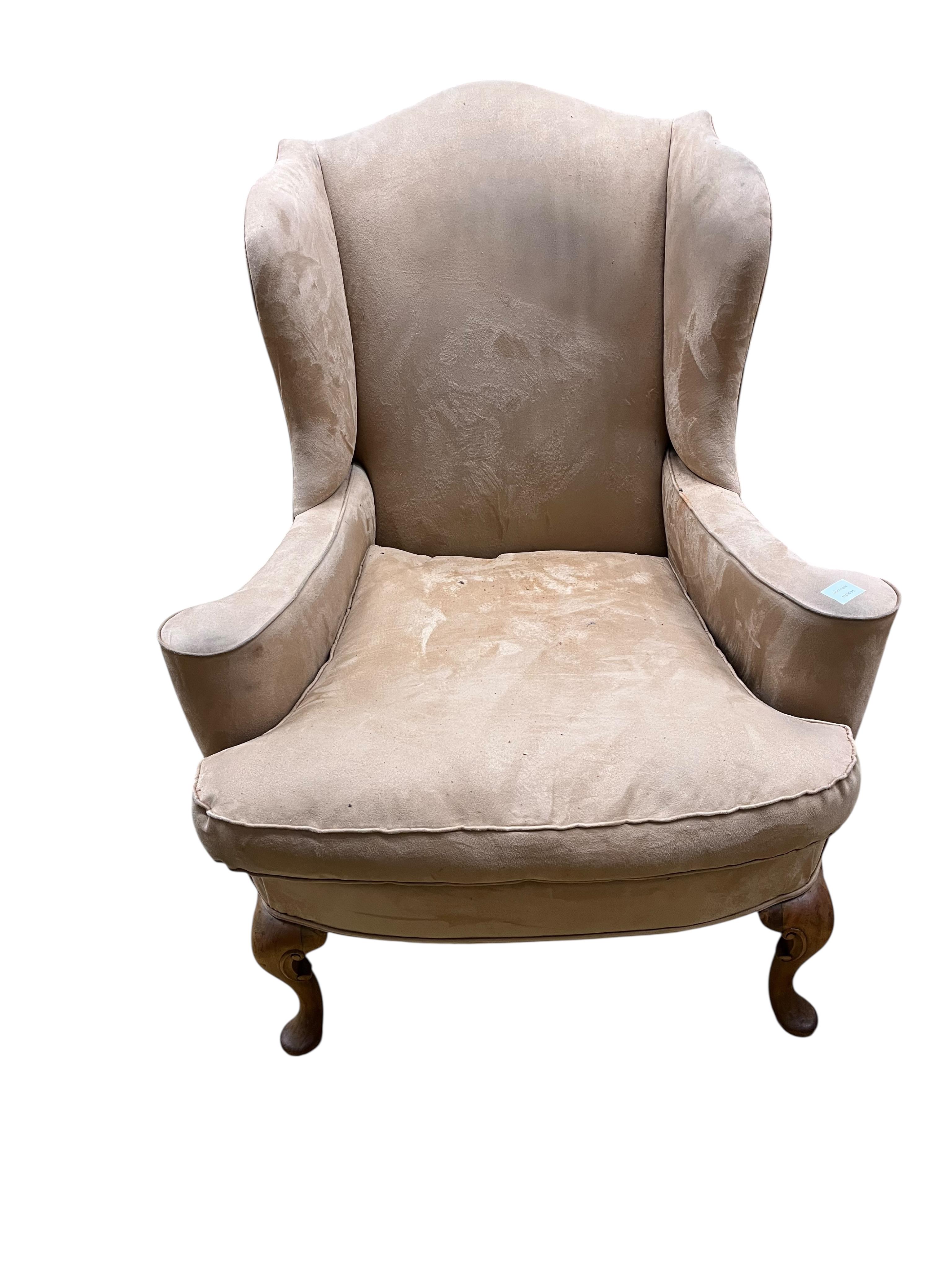 A pair of George III upholstered armchairs, width 85cm, depth 65cm, height 106cm